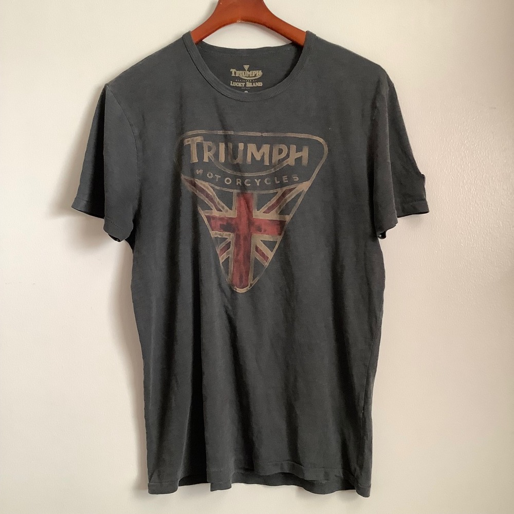 Lucky Brand Triumph Motorcycles Graphic T-Shirt Charcoal Gray Union Jack USA M - Picture 3 of 5